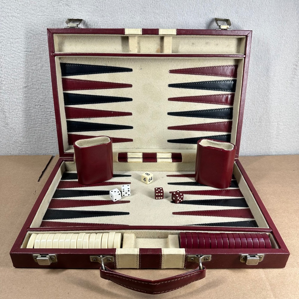 Vintage Backgammon Set Burgundy Travel Game Weighted Pieces Complete (Read)